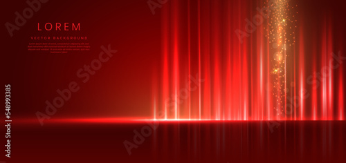 Abstract technology futuristic light red stripe vertical lines light on red background with gold lighting effect sparkle.