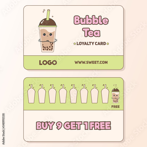 Vector template for a loyalty card. Vip card for coffee shop customers. Each serving of 9 bubbly teas for free. Kawaii style card with a cute tea cup character with a smile for promotions.