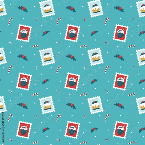 Holiday stamps pattern with Christmas pudding and cup of hot drink on cyan background