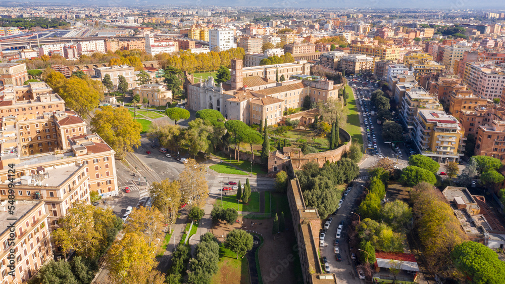 Aerial view of Basilica of the Holy Cross in Jerusalem, a Catholic Minor basilica in Rome, Italy. It is one of the Seven Pilgrim Churches of the city.