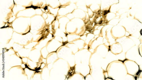 Golden light background. Design.Large dense bubbles in 3d format flash in different directions.