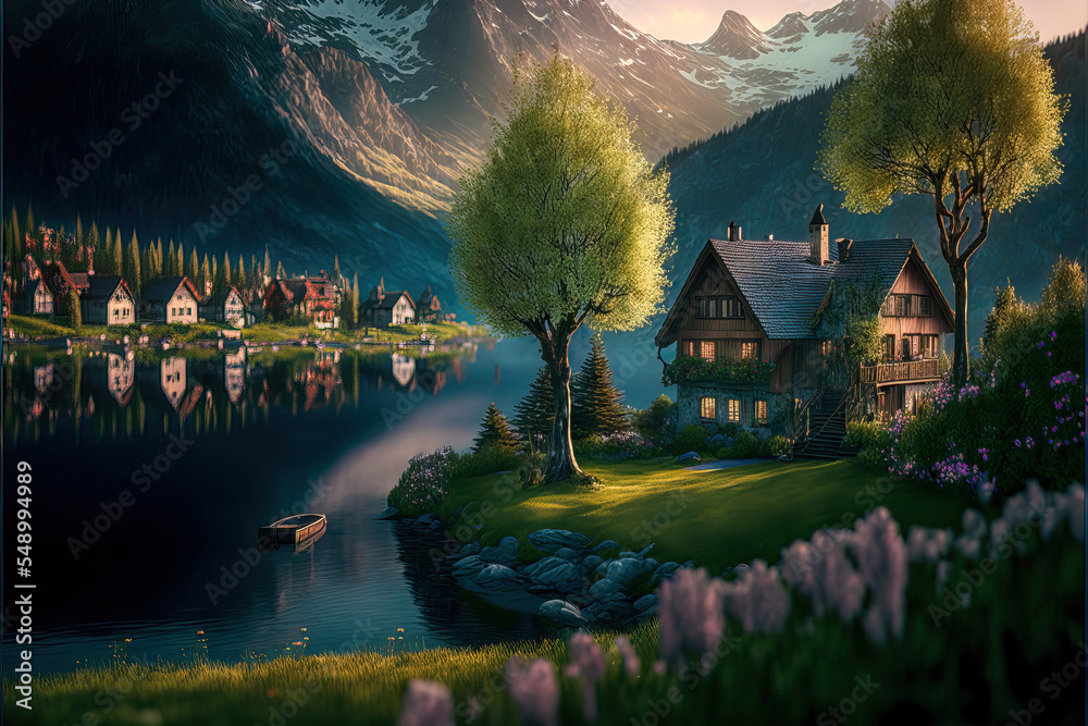 Fototapeta premium Ländliches Dorf Haus in den Alpen im Frühling Schweiz Österreich Bayern Ruhe und Beschaulichkeit AI Art Digital Illustration