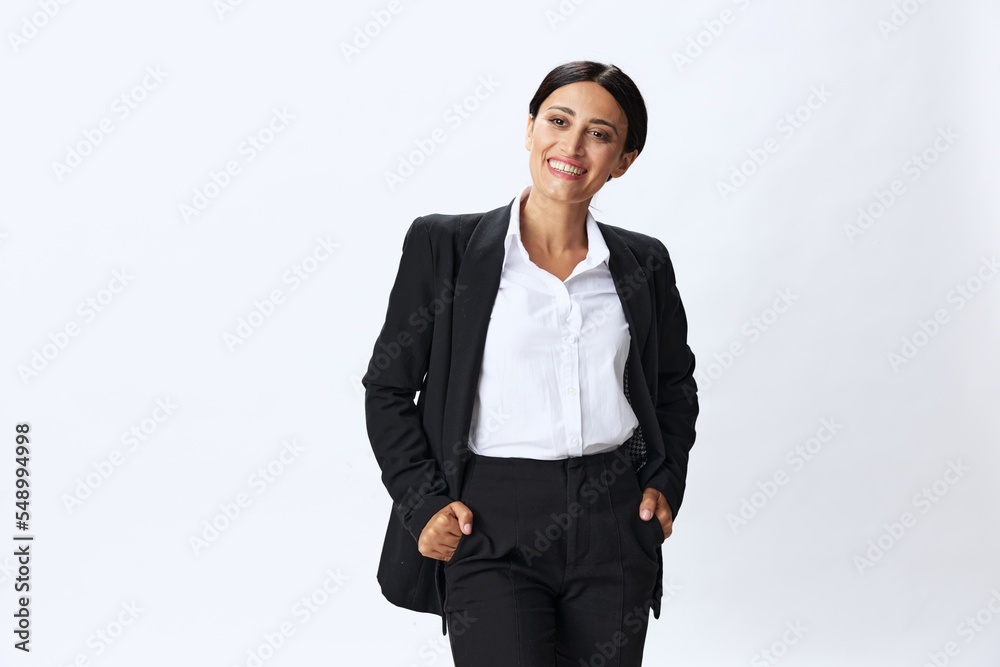 Business woman in black business suit shows signals gestures and emotions on white background, freelancer job online time management, teacher science Business woman in black business suit shows signals gestures and emotions on white background, freelancer job online time management, teacher science