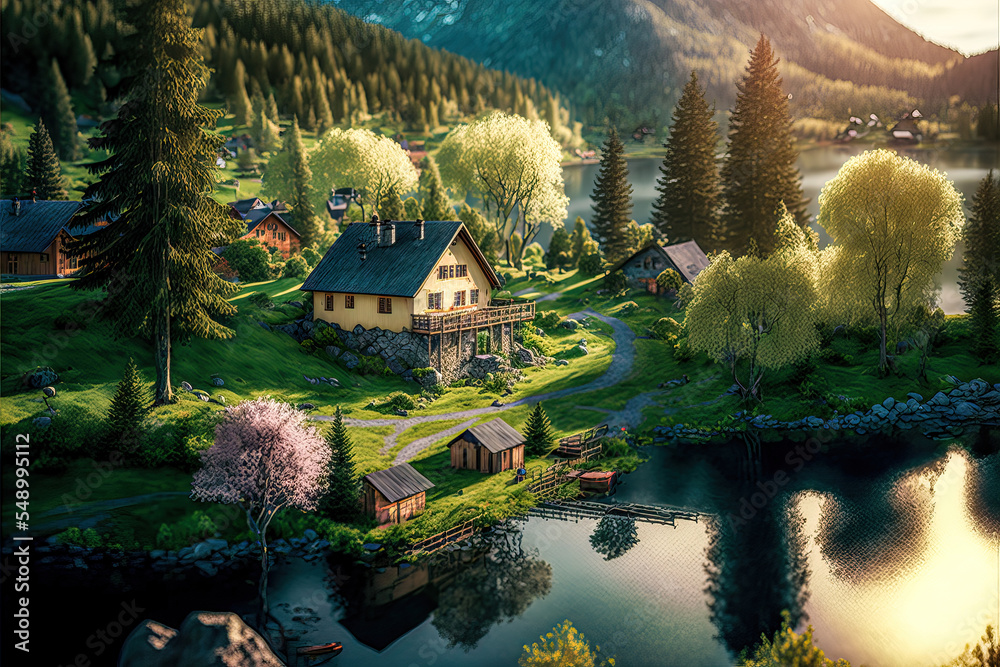 Ländliches Dorf Haus in den Alpen im Frühling Schweiz Österreich Bayern Ruhe und Beschaulichkeit AI Art Digital Illustration Ländliches Dorf Haus in den Alpen im Frühling Schweiz Österreich Bayern Ruhe und Beschaulichkeit AI Art Digital Illustration