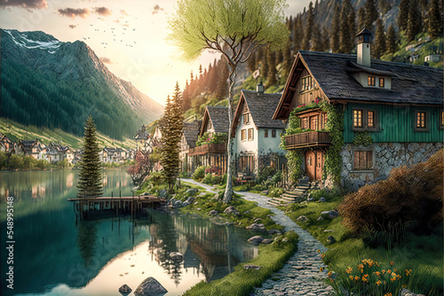Ländliches Dorf Haus in den Alpen im Frühling Schweiz Österreich Bayern Ruhe und Beschaulichkeit AI Art Digital Illustration
