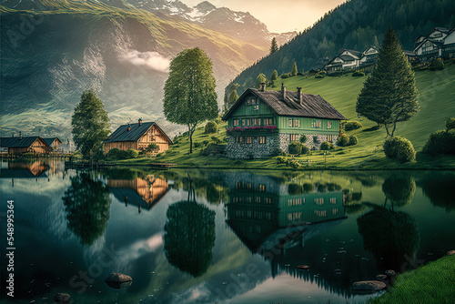 L  ndliches Dorf Haus in den Alpen im Fr  hling Schweiz   sterreich Bayern Ruhe und Beschaulichkeit AI Art Digital Illustration