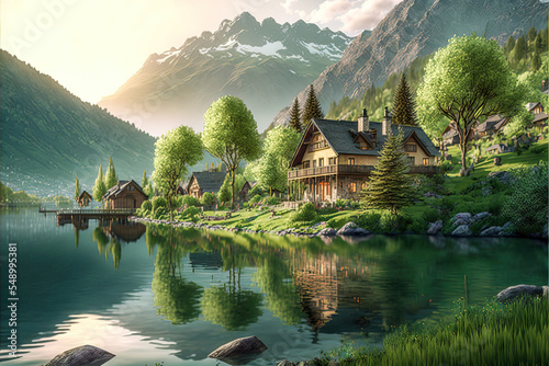 L  ndliches Dorf Haus in den Alpen im Fr  hling Schweiz   sterreich Bayern Ruhe und Beschaulichkeit AI Art Digital Illustration