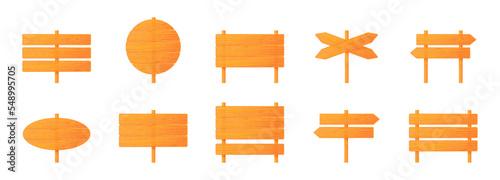 Vector illustration of wooden road signs isolated on white background. Brown wooden board icons in cartoon style. Realistic signpost. Empty wooden banner.