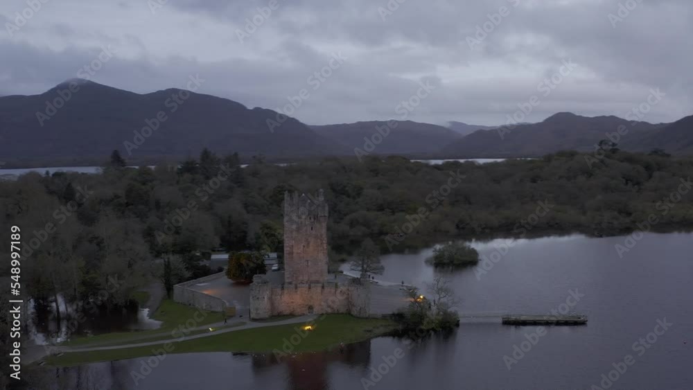 Drone flight over Ross Castle. Killarney National park. Ireland. autumn 2022. High quality 4k footage Drone flight over Ross Castle. Killarney National park. Ireland. autumn 2022. High quality 4k footage