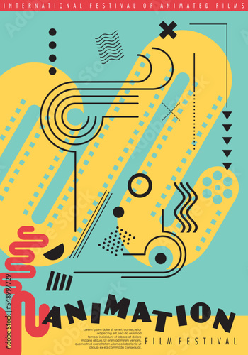 Playful poster design concept for animation film festival with dynamic geometric design elements, film strips and camera reels. Movie event show colorful flyer composition idea. Abstract vector.