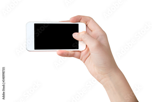Hand holding a white smartphone, blank screen, isolated on transparent background