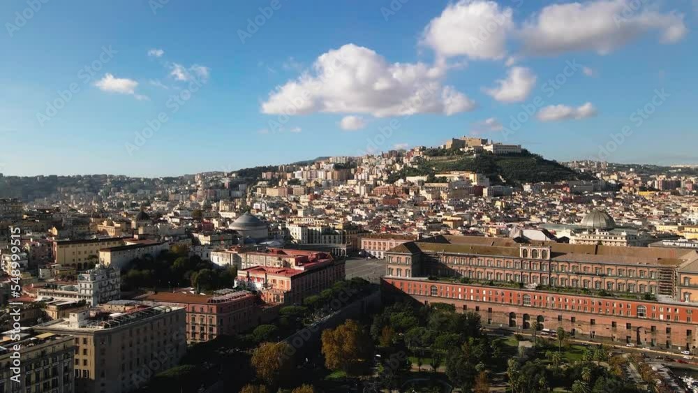 Panoramic drone view of the entire city of Naples in southern Italy. Flight over historical landmarks in Naples, Italy. Plebischito central square and royal palace Panoramic drone view of the entire city of Naples in southern Italy. Flight over historical landmarks in Naples, Italy. Plebischito central square and royal palace