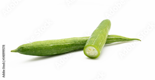 slices Snake gourd isolated on white background. front view