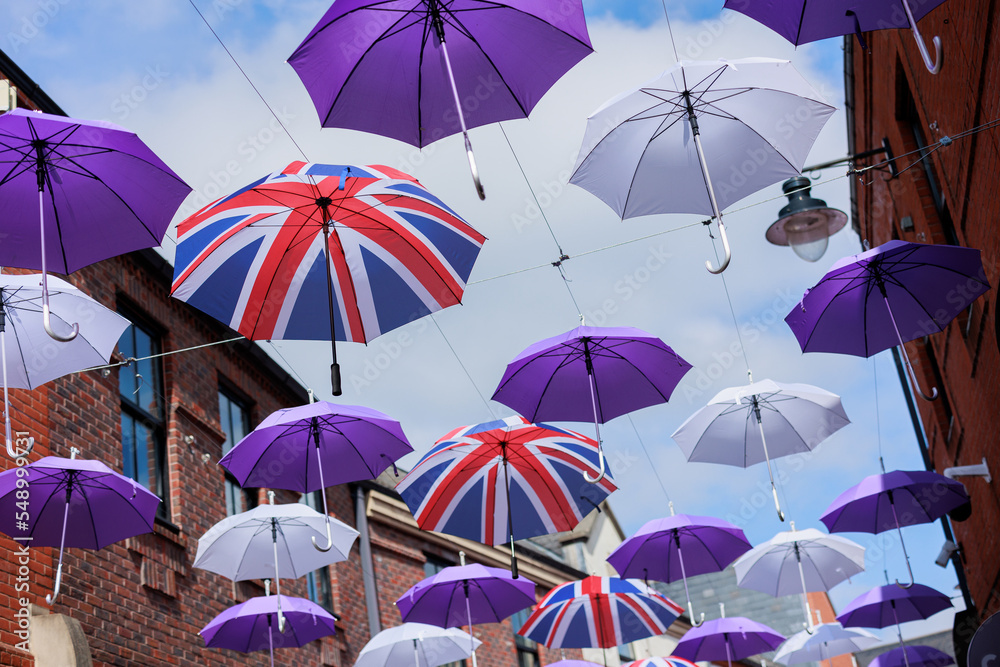 Durham UK: 7th June 2022: Durham's Umbrella Street Union Jack Flag makeover for Queen's Platinum Jubilee