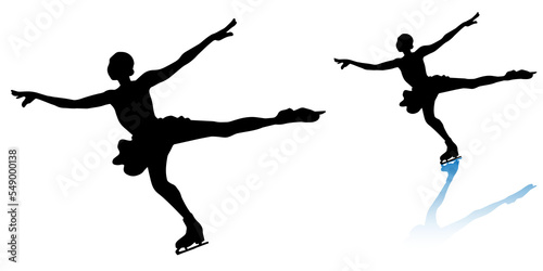 A set of silhouettes of women's singles figure skater (landing, black type)