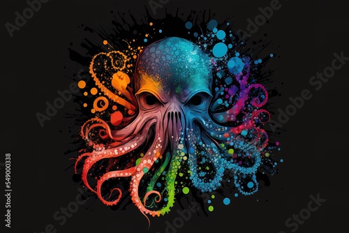 octopus is painted in bright neon colors on a black backdrop in a pop art style with watercolor splatters.  photo