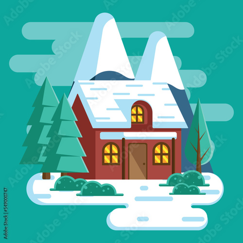 A house in winter with flat design