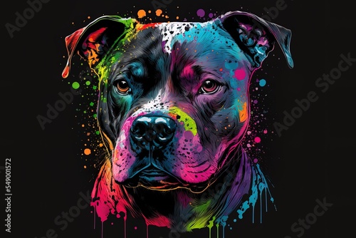 Print op canvas Staffordshire Bull Terrier in pop art style, rendered in neon colors over a black backdrop