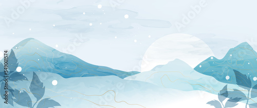 Abstract art vector background. Winter ice mountains with leaves and sun in the snow, framed by golden lines. Artistic design with floral and mountain watercolor for print, decor, banner.