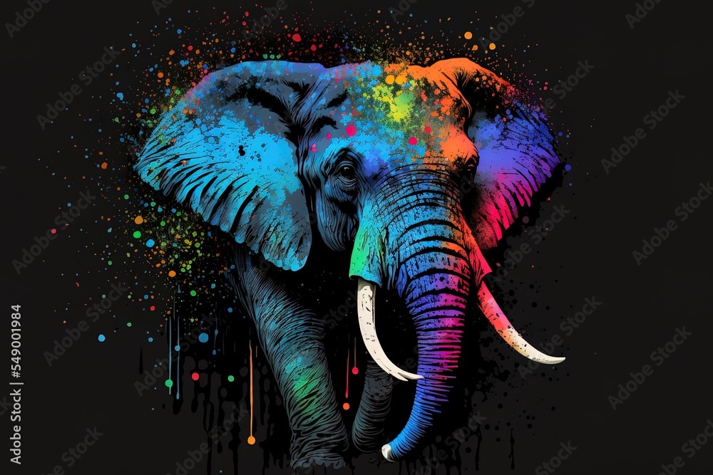 A pop artinspired image of Elephant set on a black backdrop and with