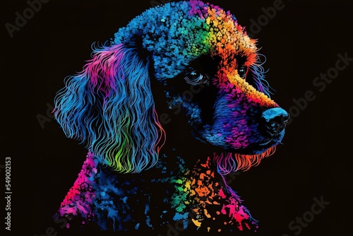 Brightly colored portrait of poodle on a black background with splashes of neon paint in a pop art style. CG artwork photo