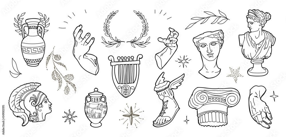 Abstract greek hand drawn ancient sculpture set.a. Vector modern statues. Antique classic. Head, body, star, laurel