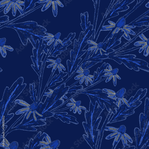 Creative seamless pattern with abstract flowers drawn with wax crayons. Brigh...