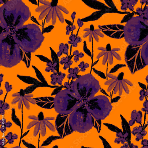 Creative seamless pattern with abstract flowers drawn with wax crayons. Brigh...