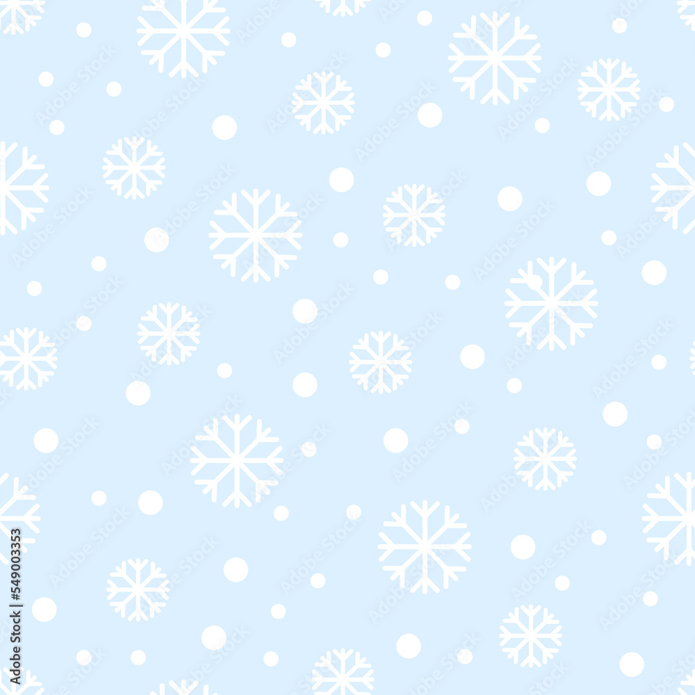 Seamless pattern of small and big snowflakes and dots. On a blue background. Kawaii style. 