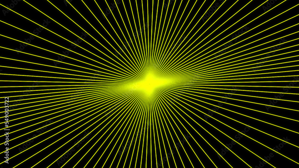 Laser light strokes spinning around glowing object. Design. Green lines spreading into all the sides around the star.
