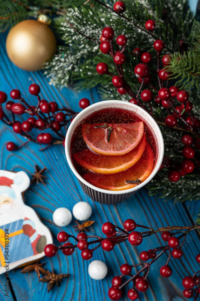New Year's mulled wine with decor. Merry Christmas
New Year's mulled wine with decor. Merry Christmas