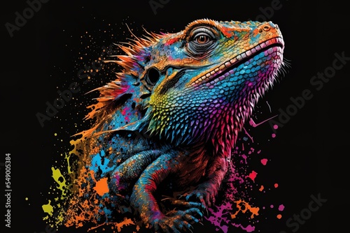 A pop art-inspired image of a neon-hued bearded dragon lizard superimposed on a black backdrop and including splatters of watercolor. photo