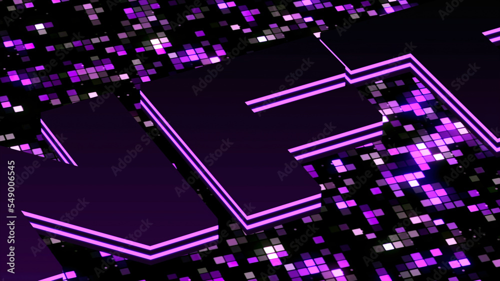 Purple letters NTF with blinking small squares on the background. Motion. NFT Crypto Art symbol, cryptocurrency digital money, collectibles, cyber coin.