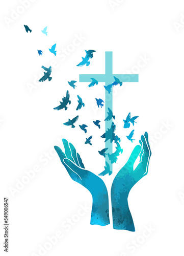 blue religious cross in hand. Flying birds of the world. Vector illustration