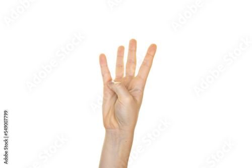a counting hand isolated on transparent background, white background, a hand showing four with fingers, copy space