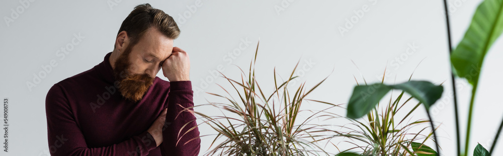 Stylish bearded man posing near tropical plants isolated on grey, banner. Stylish bearded man posing near tropical plants isolated on grey, banner.