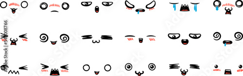 Various Cartoon Emoticons Set. Doodle faces, eyes and mouth. Caricature comic expressive emotions, smiling, crying and surprised character face expressions