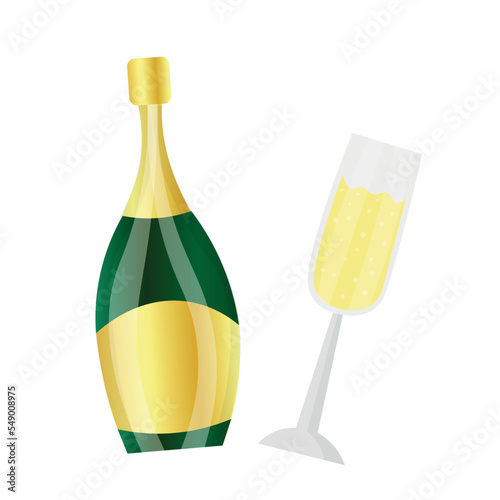 Bottle and glass of sparkling champagne on white background