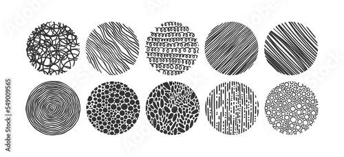 Set of Doodle Hand Drawn Round Backgrounds. Logo templates. Sketched style. Decorative round blots for your design