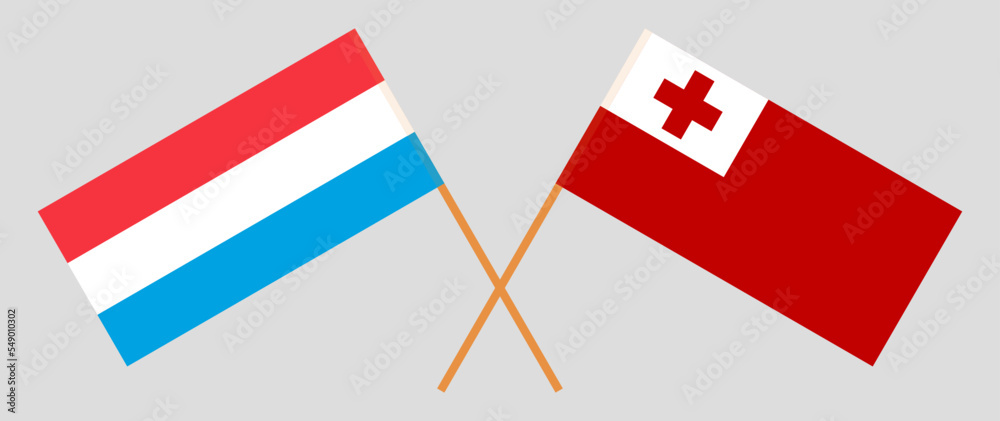 Crossed flags of Luxembourg and Tonga. Official colors. Correct proportion