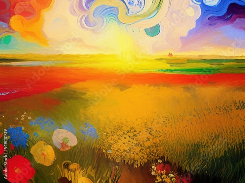 Graphic painting digital art rural colorful landscape at evening, field and hills, bright colors. Art print © Katsiaryna