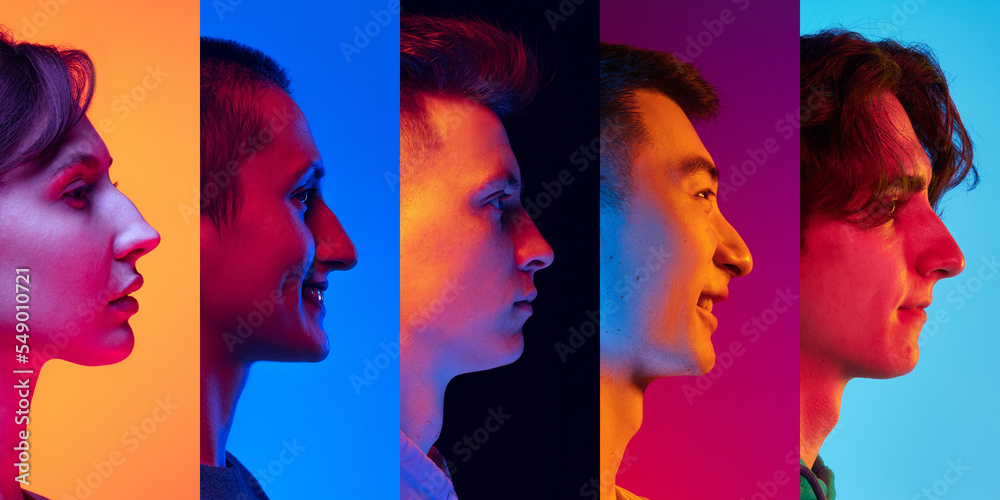 Profile view of young people, men and women expressing different emotions over multicolored background in neon light. Collage made of 5 models looking straight ahead - obrazy, fototapety, plakaty 