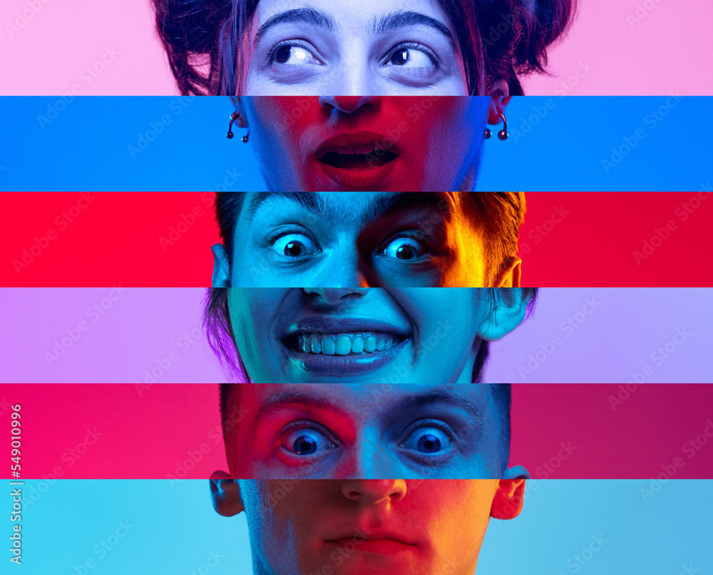 Wow, surprise and shock. Vertical composite image of male and female parts of faces isolated on colored neon background. Emotions, psychology, mental health. Three faces and six models - obrazy, fototapety, plakaty 
