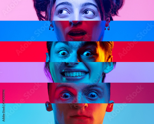 Wow, surprise and shock. Vertical composite image of male and female parts of faces isolated on colored neon background. Emotions, psychology, mental health. Three faces and six models
