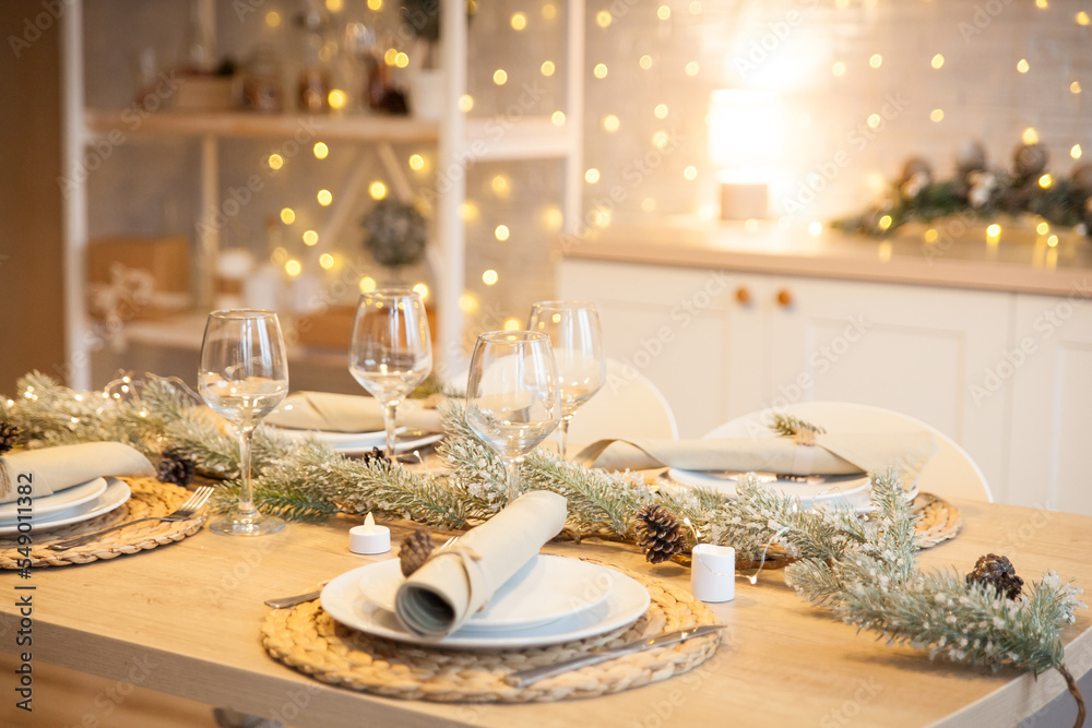 Fototapeta premium Stylish kitchen decorated for New Year holidays