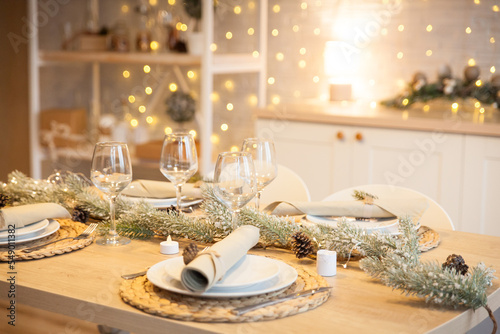 Stylish kitchen decorated for New Year holidays
