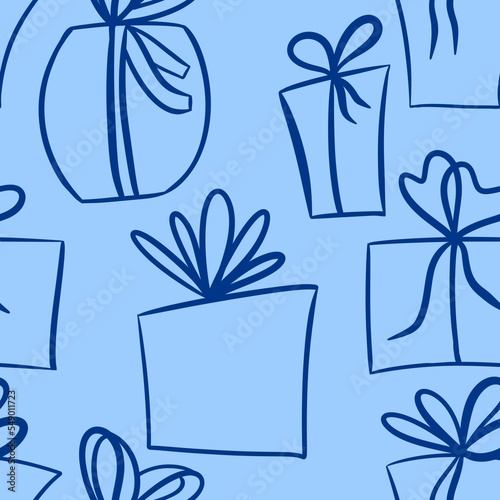 Hand drawn seamless pattern with blue festive gift present box with bow ribbon. Party birthday decor celebration, simple minimalist line elegant holiday surprise fabric print.