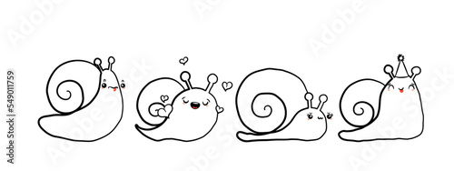Kawaii snail character with shell and cartoon snailfish or snail-like mollusk. Coloring kids illustration, set of lovely snail-paced slugs with random emoji, isolated on white background