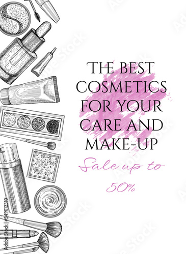 Vector banner template with discounts for skincare and make-up cosmetics in engraving style. Cream, patches, serum, shadows, mascara, lipstick, blush, brushes