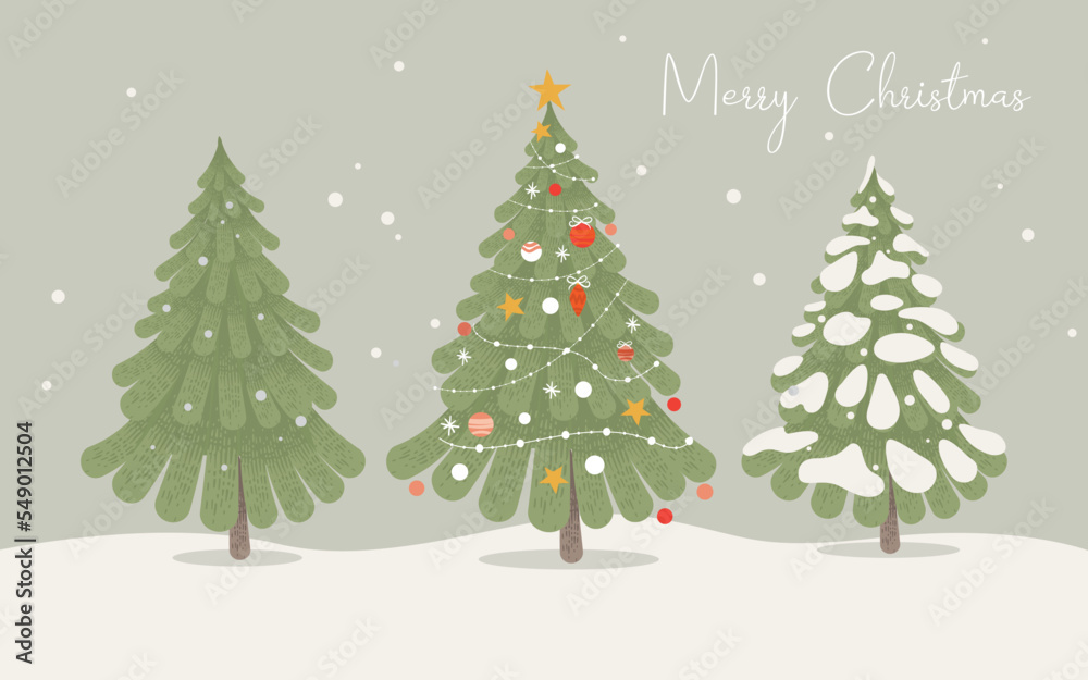 Christmas trees set and Decoration Set. Vector illustration.
